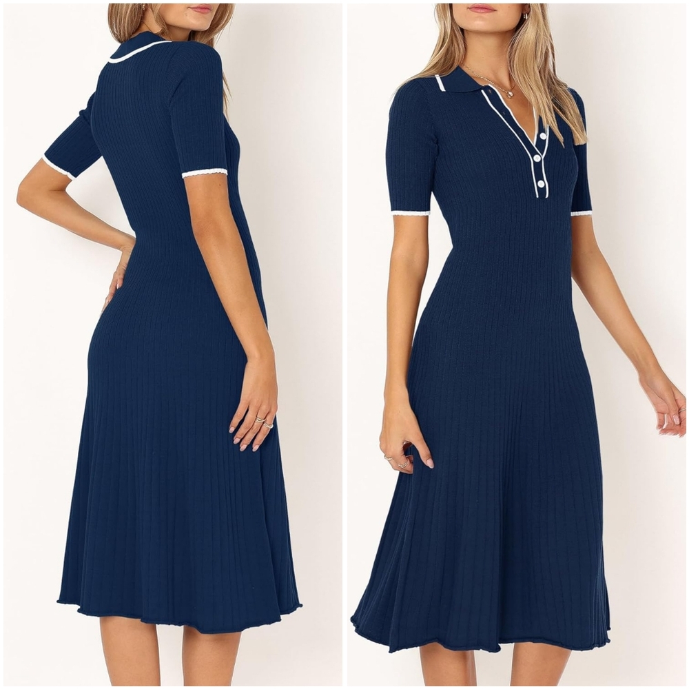 NWT Mitilly Navy Blue White Polo V Button Up Short Sleeve Sweater Midi Dress M - Picture 2 of 9